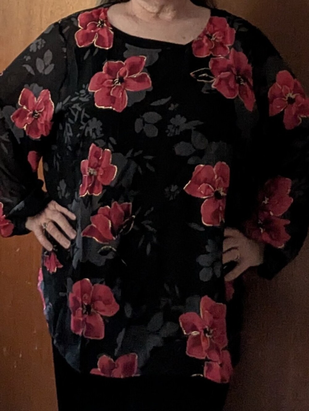 Avenue Brand Roses and Gold On Black Cami Under Blouse, Sheer Size 26/28